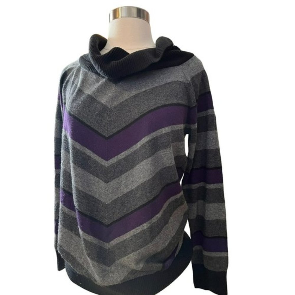 Alyx Gray, Black and Purple Chevron Sweater with Black Cowl Neck L